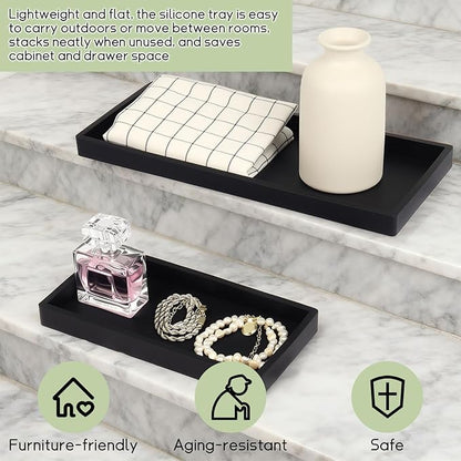 Black Silicone Tray Bathroom Vanity Tray Silicone Countertop Trays for Toilet Kitchen Perfume Jewelry Candle Key (1, Large-12.01×5.12×0.78in)