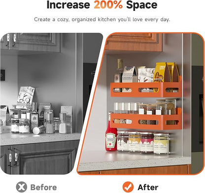 Sevenblue 4 Pack Strong Magnetic Spice Rack for Refrigerator, Multipurpose Magnetic Shelf for Fridge with 4 Hooks for kitchen and Bathroom Organization, Orange
