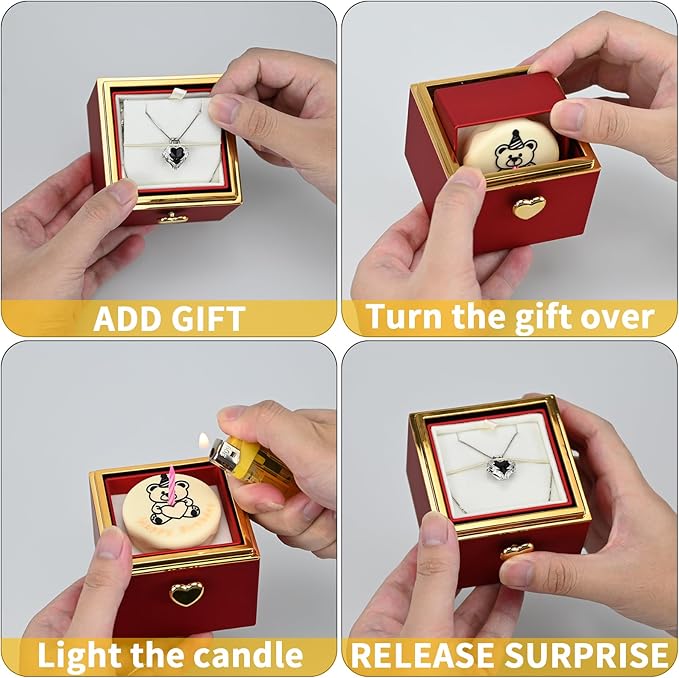 Rotating jewelry box, pop-up surprise gift box, romantic birthday surprise rotating necklace and ring box, Valentine's Day, birthday, anniversary, wedding gift (Red)