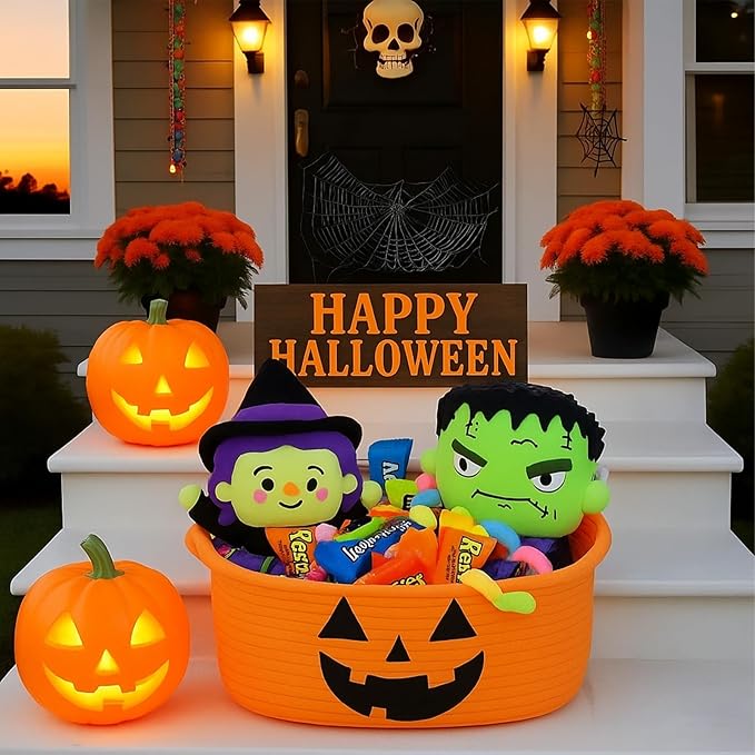 ShellKingdom Halloween Basket, Storage Basket with Handles, Empty Halloween Decorations Gift Baskets with Gift Bags and Ribbon, 12 X 8 X 5 INCH