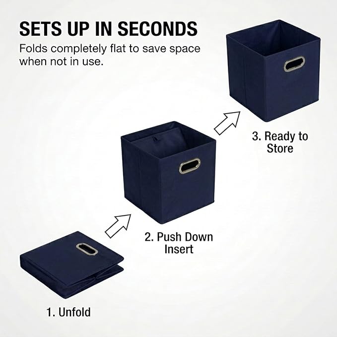 Household Essentials Fabric Storage Bins 6 Piece Set, Strong Poly-Woven Fabric, Sturdy Chipboard Sides, Grommet Front Handle, Stackable and Foldable, Classic Design, Navy