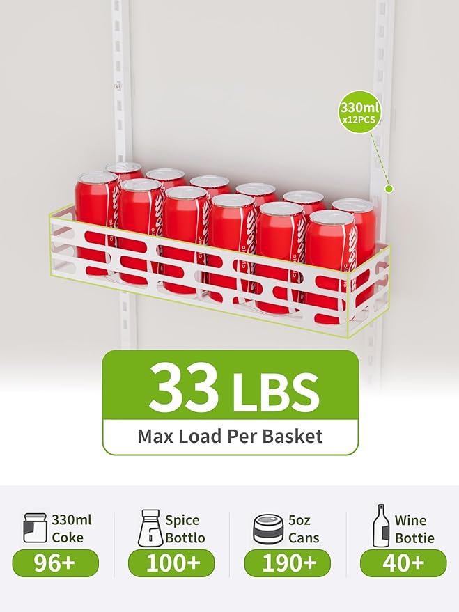 Over the Door Pantry Organizer - 6 Tier Adjustable Pantry Organization and Storage, Hanging Basket Wall Seasoning Shelves, Home & Kitchen Bedroom Bathroom, White