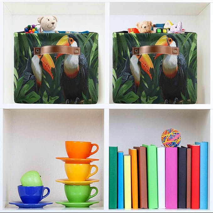 Large Storage Basket Toucans Couple Storage Bin Cube Canvas Fabric Organizer Handles Collapsible for Clothes Toys Bedroom Decorative