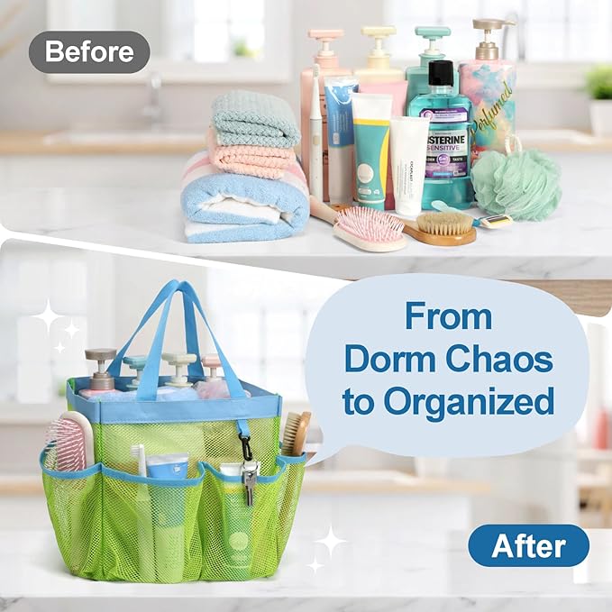 F-color Mesh Shower Caddy Portable, Upgrade Deeper 7 Pockets Shower Bag Basket Bag Tote for College Dorm Room Toiletry Bathroom Essentials Gym Camp Quick Dry 2 handles with S Hook