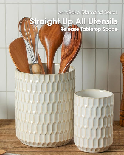 Utensil Holder, 7.5"+5.3" Ceramic Kitchen Utensil Holder for Countertop, Large Cooking Utensil Crock for Kitchen Counter, Set of 2, Beige