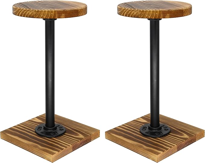Owlgift Rustic Burnt Wood Hat Stand and Wig Display Rack, 2pcs 11.2” Hat Stands with Industrial Metal Pipe for Display, Square Barbell Base Display, Hat Rack Stand for Display Jewelry Watch Ring Bracelet Helmet