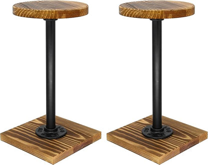 Owlgift Rustic Burnt Wood Hat Stand and Wig Display Rack, 2pcs 11.2” Hat Stands with Industrial Metal Pipe for Display, Square Barbell Base Display, Hat Rack Stand for Display Jewelry Watch Ring Bracelet Helmet