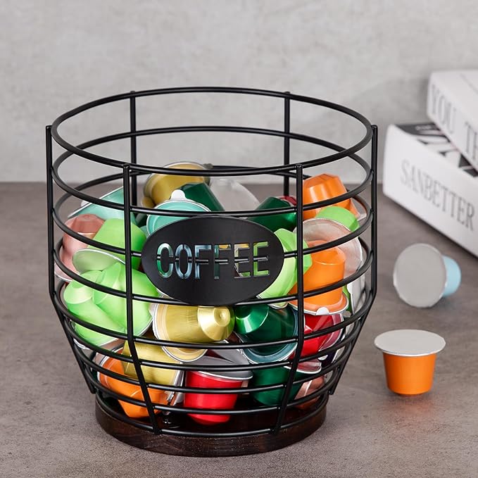 Yangbaga 1pcs Coffee Pod Holder - Large Capacity Black Wire K-Cup Holder With Wooden Base, Modern Basket Bar Decor for Station,Coffee Pods & Capsules, Fruit Snack Storage
