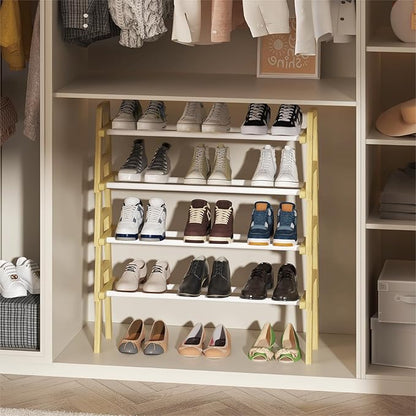 2-Tier Bamboo Shoe Rack Stackable, Shoe Organizer for Entryway and Closet, Modular Small Shoe Storage Shelf, Space-Saving Free Standing, Holds 8-10 Pairs of Shoes, Natural