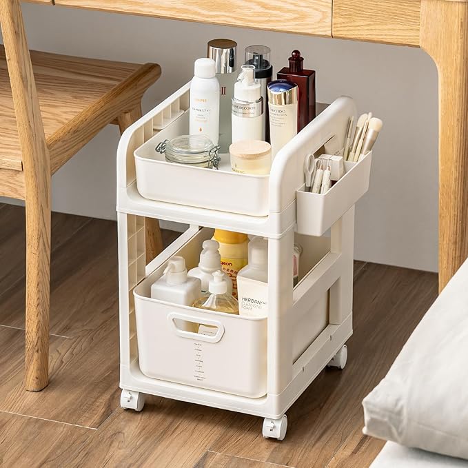 Rolling Makeup Organizer Cart with Removable Drawer, 2 Tier Stable White Floor Skincare Storage Cart for Vanity, Cosmetic Display, Nail Polish, Perfume, Hair Stuff, Beauty, Bathroom (2 Tier White)