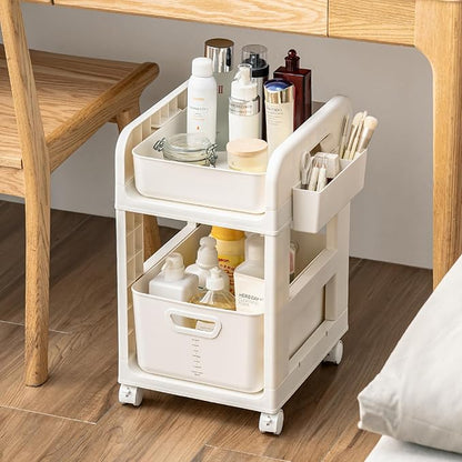 Rolling Makeup Organizer Cart with Removable Drawer, 2 Tier Stable White Floor Skincare Storage Cart for Vanity, Cosmetic Display, Nail Polish, Perfume, Hair Stuff, Beauty, Bathroom (2 Tier White)