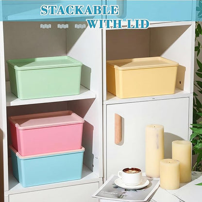 Menkxi 4 Pcs Storage Bins with Lids Plastic Stackable Containers for Organizing Shelves Christmas Ornament Box Baskets(Red, Green, Yellow, Blue,Small)