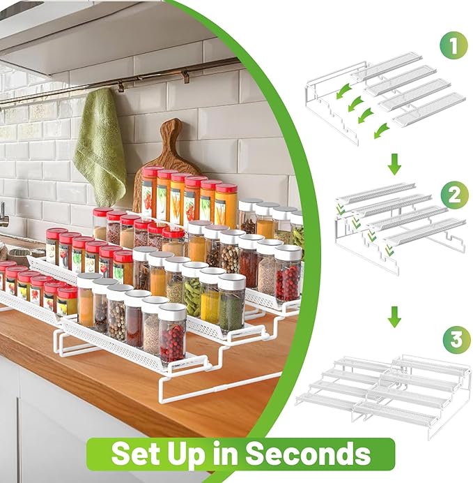 4 Tier Spice Rack Organizer for Cabinet, White (2 PCS S&L) Seasoning Organizer Rack for Inside Cabinets, Countertop, Pantry Storage