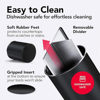 Cooler Kitchen Black Rotating Extra Large Stainless Steel Utensil Holder Caddy with Sturdy No-Tip Weighted Base, Removable Divider, and Gripped Insert - Dishwasher Safe Metal Cooking Utensil Holder