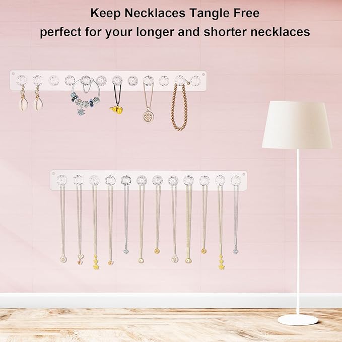 4Pcs Wall Necklace Holder for Women, Hanging Jewelry Organizer Wall Mount Crystal Holder Necklace Wall Hanger, Acrylic Bracelet Holder Organizer Jewelry Rack Adhesive Hooks Necklace Storage