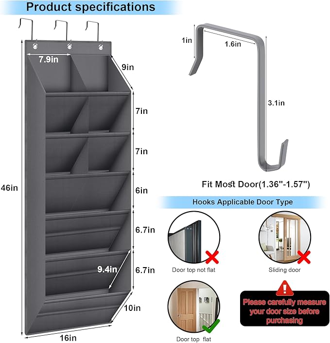 Hanging Shoe Organizer for Closet with 9 Deep Pockets, Over the Door Shoe Rack, Shoe Holder for Narrow Door Dorm RV Shoe Storage, Grey