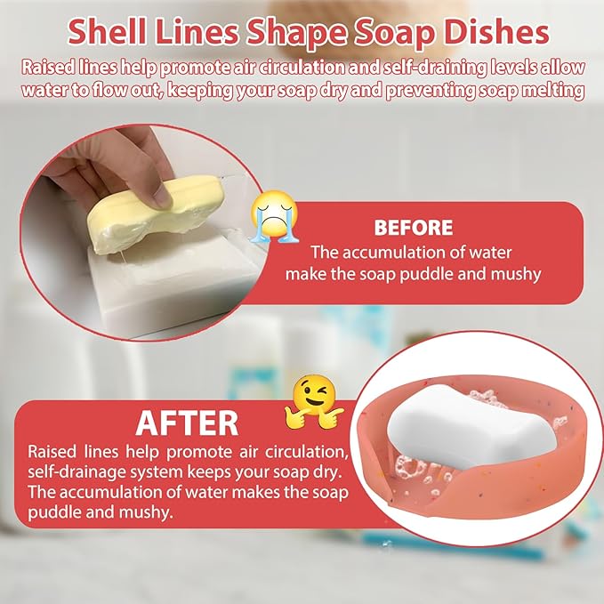 Silicone Bathroom Soap Dishes, Self Draining Waterfall Bar Soap Holder & Saver, Dish Soap Tray, Sponge Holder, 13 Non-Slip Suction Cups Dishwasher Safe for Bathroom Kitchen Shower Sink Organizer Red