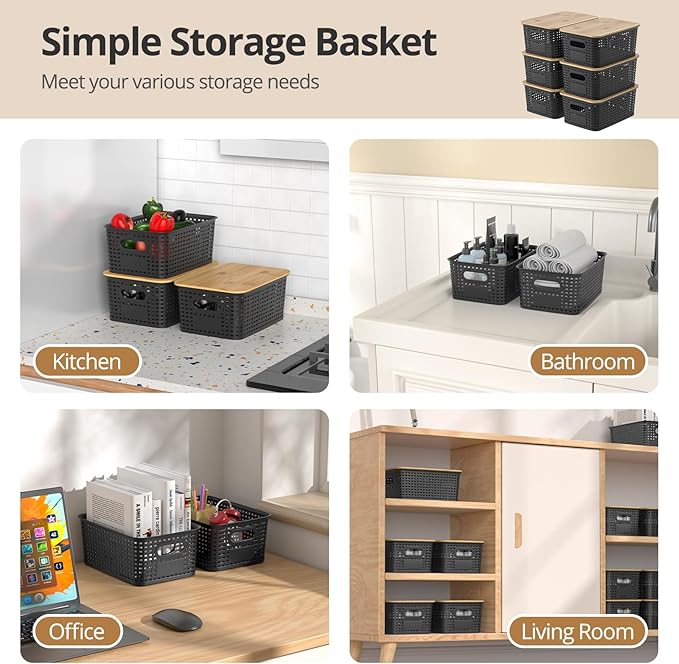 Plastic Storage Baskets with Bamboo Lids, Stackable Small Box Bins for Organizing and Containers for Shelves Drawers Desktop Closet Pantry Classroom Office Home, 6 Pack 10.2x7.2x4.1 Inch, Black