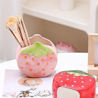 TANG SONG Ceramic Strawberry Make up Brush Holder Cosmetic Storage Box Pen and Pencil Holder Desktop Organizers (Pink)