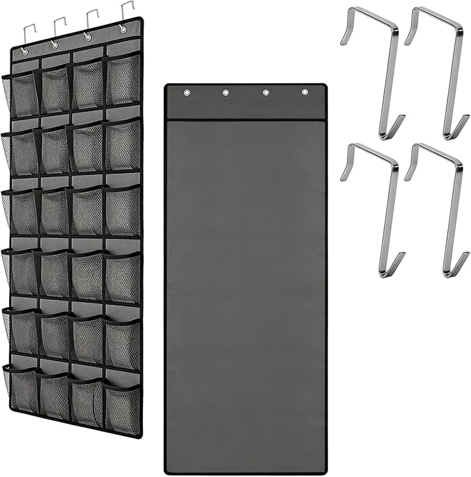 Over the Door Shoe Organizer, 24 Large Breathable Mesh Pockets, Space Saving Hanging Storage, Holds Up to 40 lbs, Hangs on Closets for Shoes, Accessories, Gray