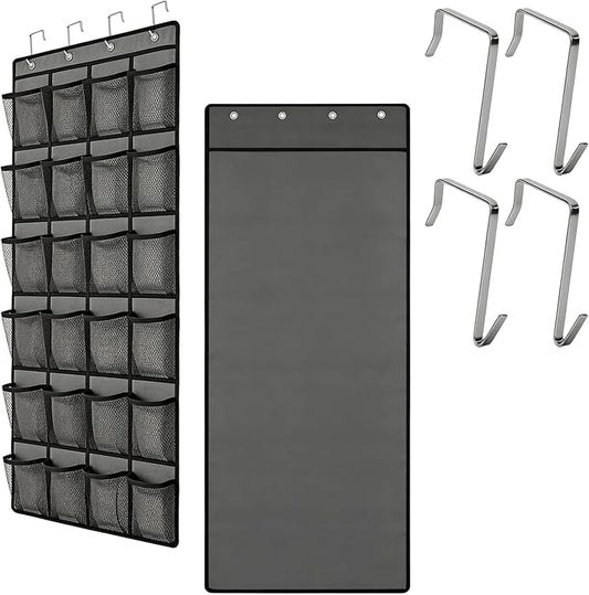 Over the Door Shoe Organizer, 24 Large Breathable Mesh Pockets, Space Saving Hanging Storage, Holds Up to 40 lbs, Hangs on Closets for Shoes, Accessories, Gray