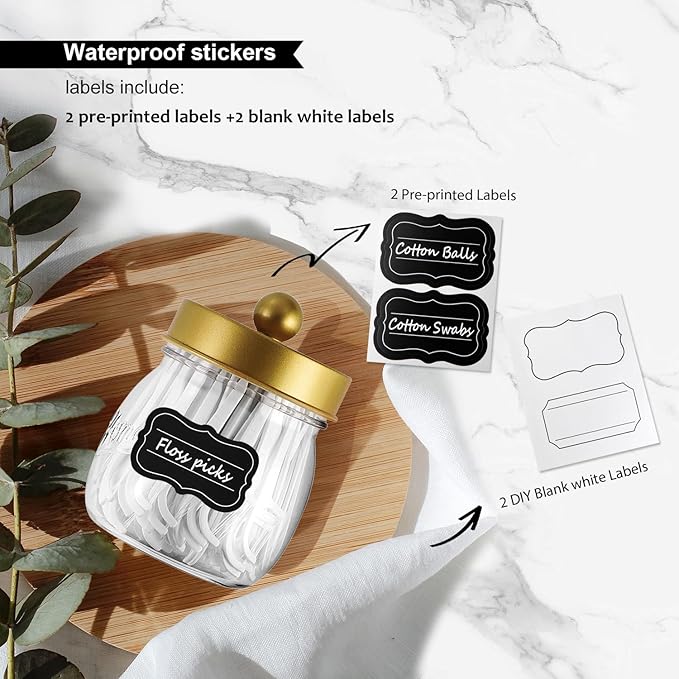 Farmhouse Decor Apothecary Jar Set, Mason Jar Bathroom Vanity Storage Organizer Canister-Qtip Holder Plastic Acrylic Jar for Cotton Swabs, Cotton Pad, Floss Pick, Paper Clips, Hair Clip (2 Pack, Gold)