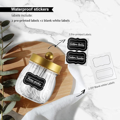 Farmhouse Decor Apothecary Jar Set, Mason Jar Bathroom Vanity Storage Organizer Canister-Qtip Holder Plastic Acrylic Jar for Cotton Swabs, Cotton Pad, Floss Pick, Paper Clips, Hair Clip (2 Pack, Gold)