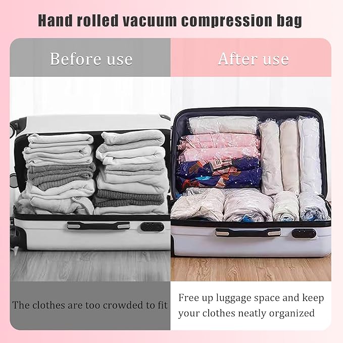 5 Pack Travel Roll up Compression Bag 16 x 24 Inch, Hand-Rolled Packing Vacuum Seal Bags for Travel, Room Saver Vacuum Storage Zipper Bags, Vacuum Sealer Bags Clothes for Luggage Clothing