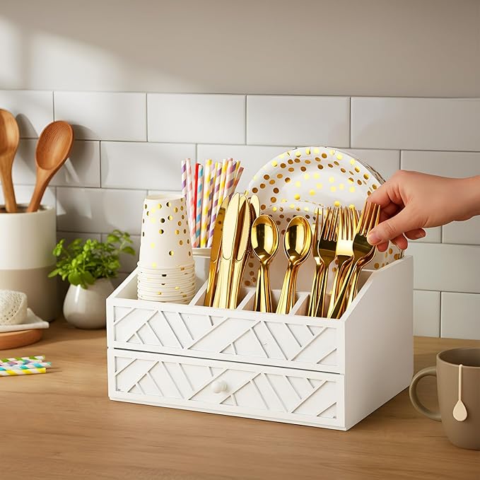 Marsui Paper Plate Dispenser, Wood Rustic Paper Plate Holder for Countertop with Drawer Silverware Utensil Caddy, Cutlery Flatware Organizer for Spoon Fork Napkins Kitchen Parties(White)