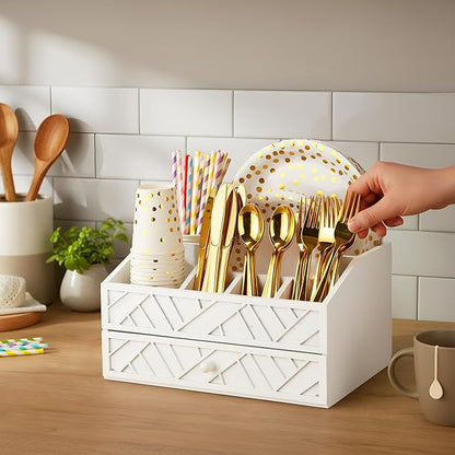 Marsui Paper Plate Dispenser, Wood Rustic Paper Plate Holder for Countertop with Drawer Silverware Utensil Caddy, Cutlery Flatware Organizer for Spoon Fork Napkins Kitchen Parties(White)