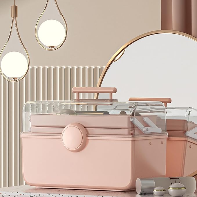 WMM Makeup Storage Organizer, Large Capacity Makeup Organizer with Transparent Visual Cover, Handle 3 Layers Portable Cosmetic Storage Box Easily Organize Your Cosmetics, Jewelry and Hair Accessories