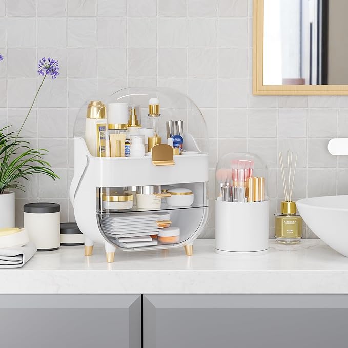 Yieach Makeup Skincare Organizer for Face Care Beauty Product,and Countertop Makeup Organizer with Cover,Make up Brush Holder,Large Capacity Cosmetic Storage Box & Caddy for Bathroom,Dresser,White