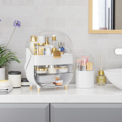 Yieach Makeup Skincare Organizer for Face Care Beauty Product,and Countertop Makeup Organizer with Cover,Make up Brush Holder,Large Capacity Cosmetic Storage Box & Caddy for Bathroom,Dresser,White