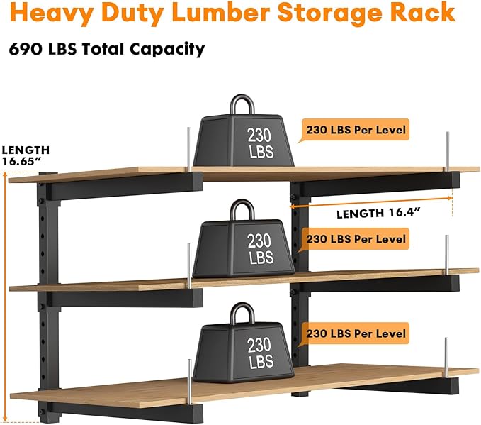 Lumber Storage Rack Wall Mount - Wood Storage Racks Heavy Duty Metal Shelf Wall Mount Wood Organizer Racks for Shed, Workshop, Garage, Basement, Wall Storage Racks - Indoor & Outdoor Use