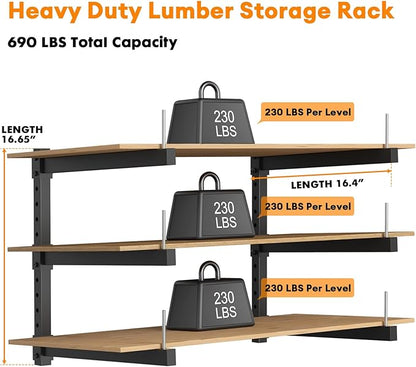 Lumber Storage Rack Wall Mount - Wood Storage Racks Heavy Duty Metal Shelf Wall Mount Wood Organizer Racks for Shed, Workshop, Garage, Basement, Wall Storage Racks - Indoor & Outdoor Use