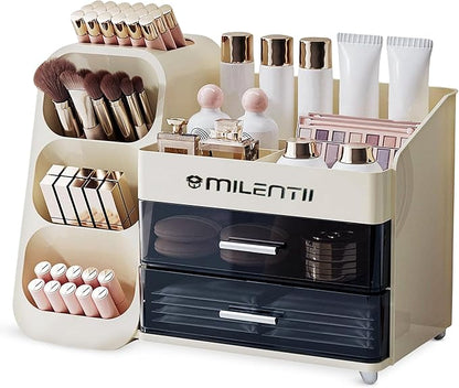 Makeup Organizer with Drawers, Large Capacity Cosmetic & Skincare Storage Box, Countertop Vanity Organizer for Bathroom, Bedroom & Dresser, ABS Plastic Makeup Storage Organizer, Ivory