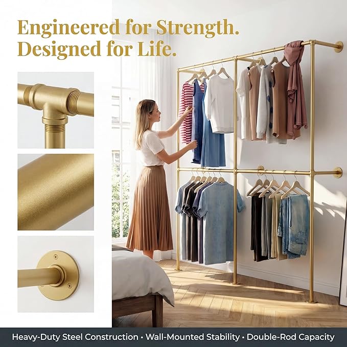 Gold Pipe Clothing Racks Wall Mount Gold Clothes Rack, Heavy Duty Industrial Pipe Clothes Racks Retail Display Hanging Rod for Closet Storage, Laundry Room