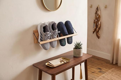 22“ Shoe Rack with Dowel, Wall Hanging Shoe Storage, Organize for Sneaker, Slipper, Boots in Entryway, Hallway, Trailer, RV, Solid Wood_ Beige