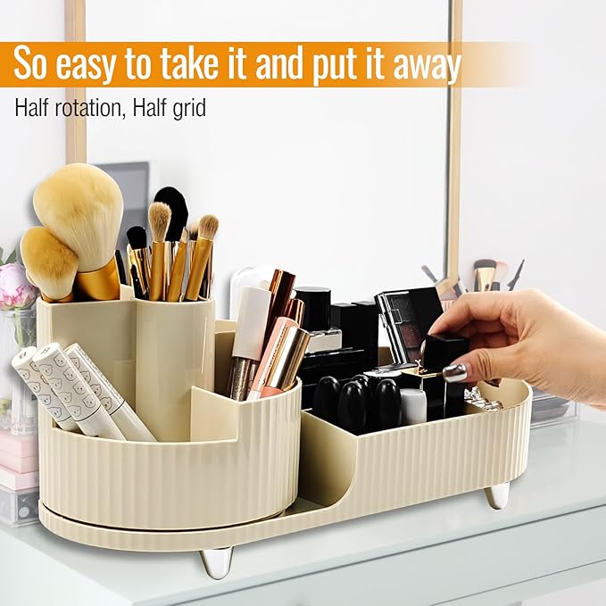 360 Rotating Spinning Makeup Organizer - Cosmetic Skincare Organizer with Brush Holder - Countertop Display Case
