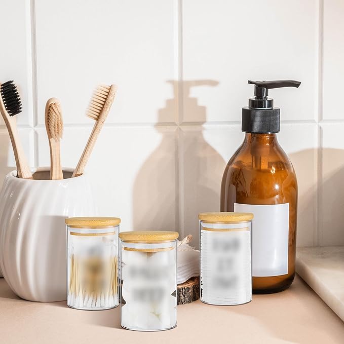 6 Pcs Apothecary Jars Glass Jars with Lids for Bathroom Holder Glass Cotton Ball Holder for Home Bathroom Farmhouse Storage Containers Makeup Organizer Decoration