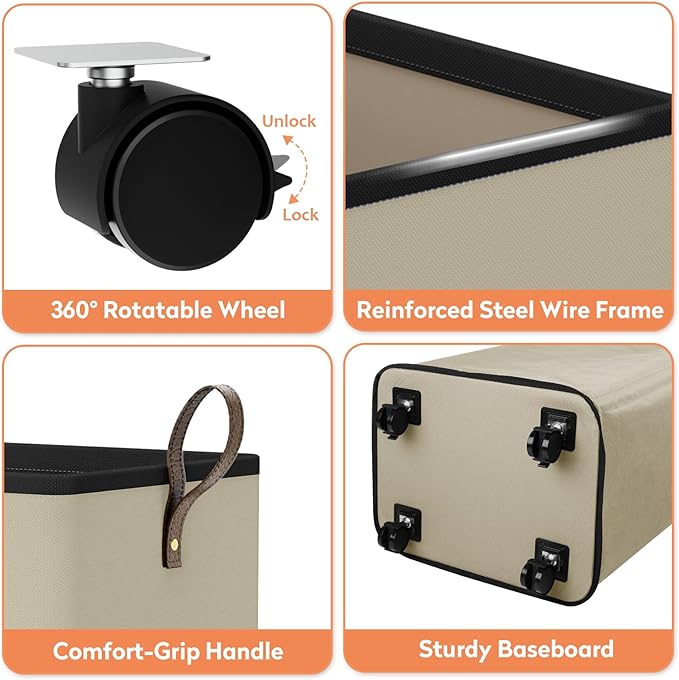 SpaceTrove Laundry Basket with Wheels, Collapsible Laundry Baskets, Laundry Hamper with Handles Detachable Wheels, Rolling Laundry Basket, Dirty Clothes Hamper for Bathroom, Dorm, Bedroom, Beige, 80L
