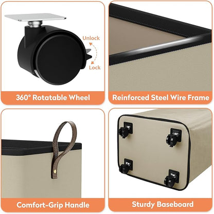 SpaceTrove Laundry Basket with Wheels, Collapsible Laundry Baskets, Laundry Hamper with Handles Detachable Wheels, Rolling Laundry Basket, Dirty Clothes Hamper for Bathroom, Dorm, Bedroom, Beige, 80L