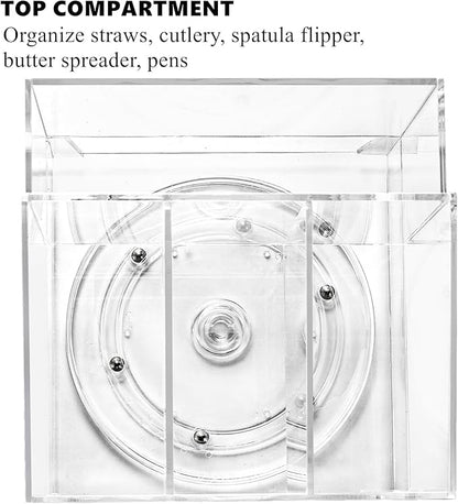Cididu Acrylic Utensil Holder 360 Rotating, 2 Tier Silverware Organizer with Napkin Storage, Space Saving Countertop Caddy for Kitchen Table, Party, Holds Forks, Spoons, Knives, Napkins, 6.7''x7.8''