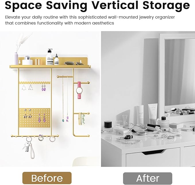 Saydear Wall Mounted Jewelry Organizer with Shelf: Metal Display Stand with Velvet Pad, Multi-Layer Necklace Hanging Rack for Bedroom Bathroom Space Saving No-Drill Wall Decor