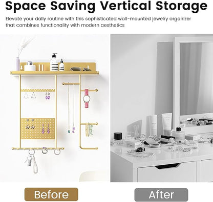 Saydear Wall Mounted Jewelry Organizer with Shelf: Metal Display Stand with Velvet Pad, Multi-Layer Necklace Hanging Rack for Bedroom Bathroom Space Saving No-Drill Wall Decor