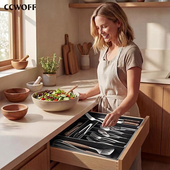 Extra Large Silverware Organizer, 9 Slot Expandable Kitchen Drawer Organizer, Utensil Holder, Heavy Duty Stainless Steel Frame Silverware Drawer Organizer, 8 Non-Slip Feet Included, BPA Free, Black