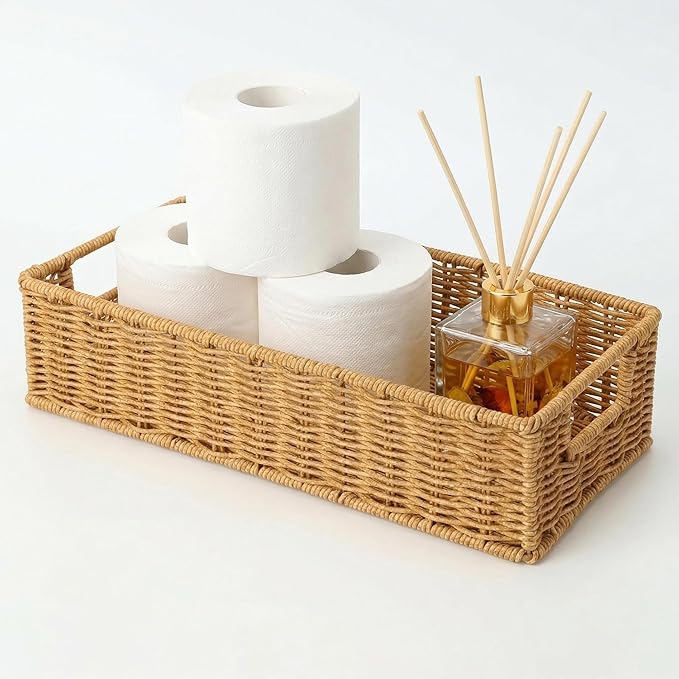 Toilet Paper Basket with Handles, Wicker Toilet Tank Basket, Narrow Bathroom Organizer for Back of Toilet & Tank Top, Ideal for Cottage Core Decor, Natural Tan, 14" L x 6" W x 3" H
