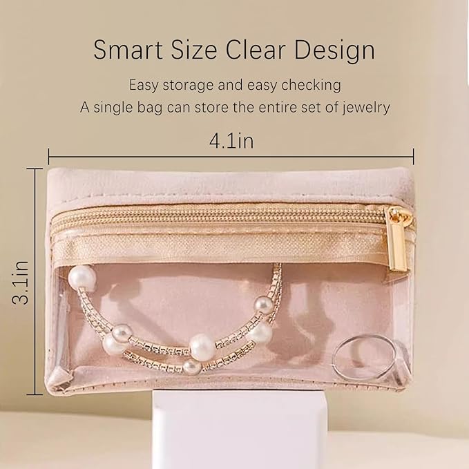 Magiware Small Jewelry Pouch Travel Organizer Bags with Soft Velvet and Zipper, 6PCS Pocket Storage Bag Case Purse Organizer for Women Girl Grandma Gift（ beige）