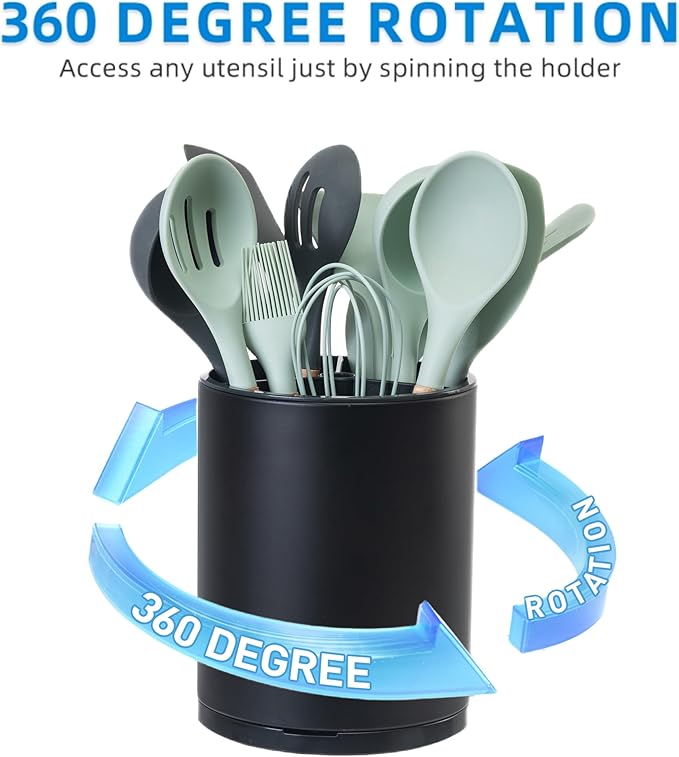 LIBODOUR Utensil Holder,Large 360°Rotating Kitchen Utensil Holder For Counter,Cooking Silverware Organizer Stainless Steel Caddy Flatware Spoon Spatula Tool Cutlery Container