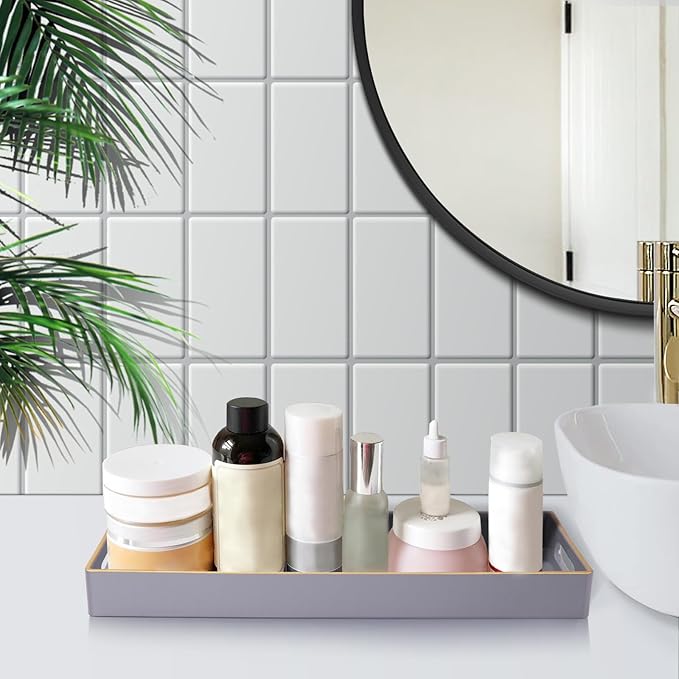 MAONAME Gray Bathroom Tray, Plastic Vanity Tray, Long Narrow Countertop Trays with Handles, Perfume Organizer Trays for Dresser, Bathroom Accessories, 13.8" x 6" x 1.57"